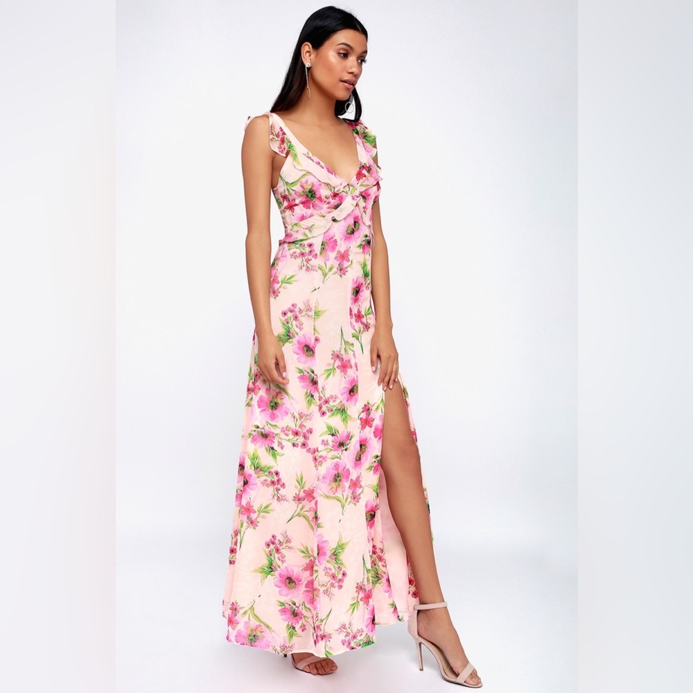 Lulus Feeling Fleur-ty Blush Pink Floral Print Ruffled Maxi Dress Size S flirty